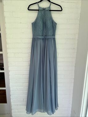 Azazie Dusty Blue High Neck with Sweetheart Lace Bodice Chiffon Wedding Dress